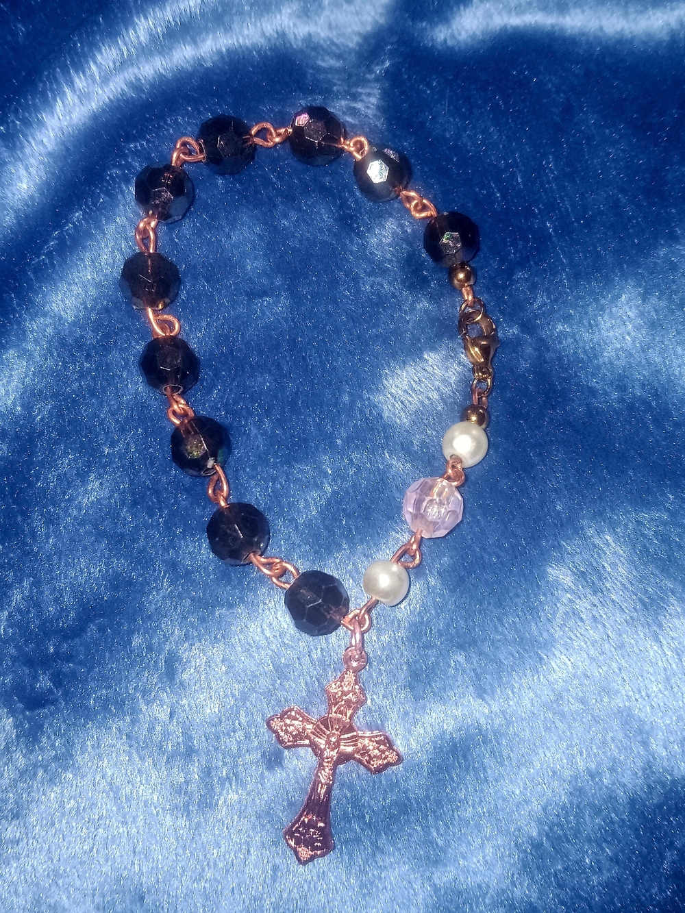 Rose Gold Cross Bag Charm with Black Beads and Pink Accent
